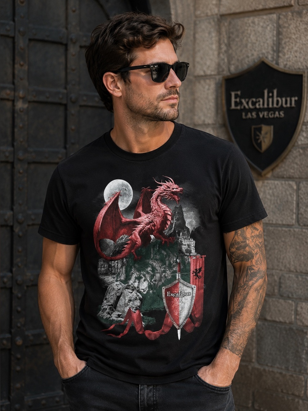 Excalibur Las Vegas Red Dragon Graphic T-Shirt Black 100% Cotton Size Medium